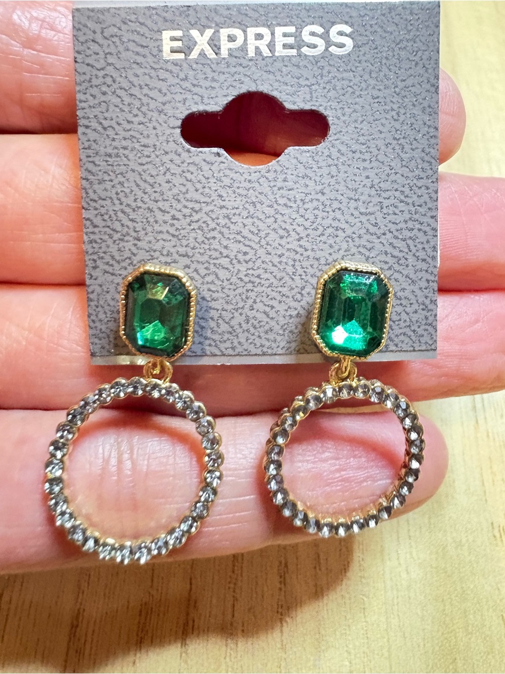EXPRESS Gold-Tone Earrings with Emerald Green Gem and Crystal Hoop
